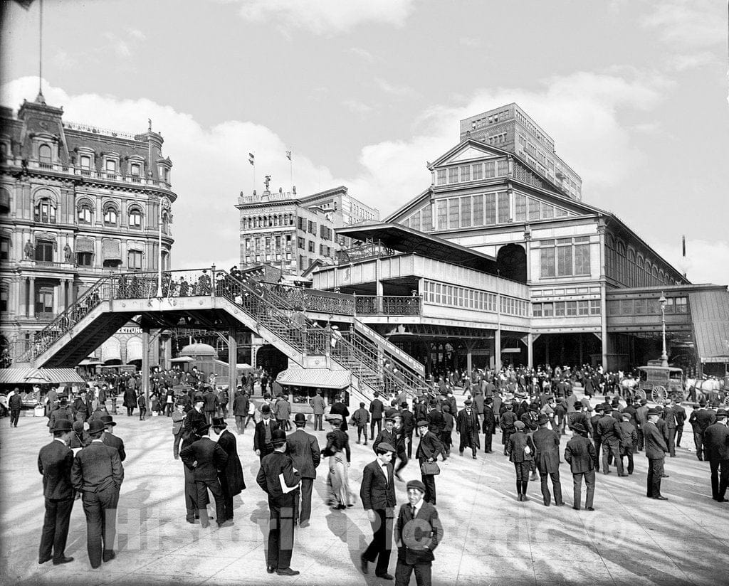 New York City Historic Black & White Photo, The Brooklyn Bridge Terminal in Manhattan, c1903 -