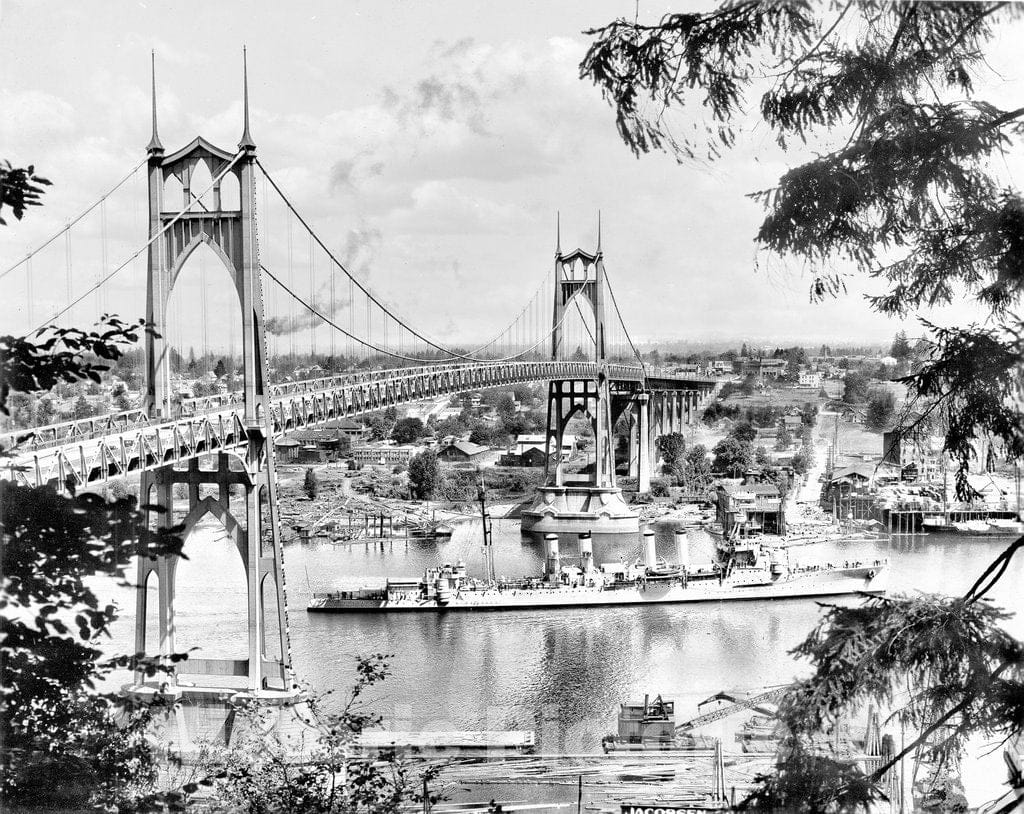 Portland Historic Black & White Photo, A Cruiser Passing Beneath St. John's Bridge, c1935 -