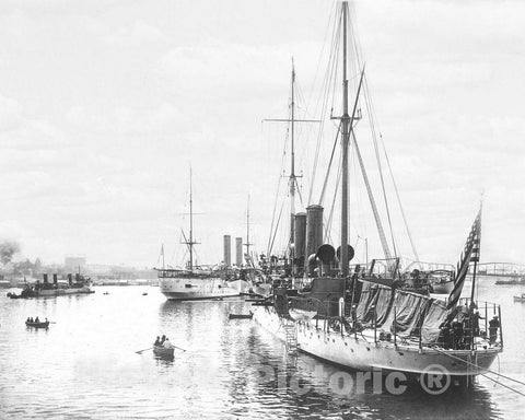 Historic Black & White Photo - Portland, Maine - War Vessels in the Harbor, c1905 -