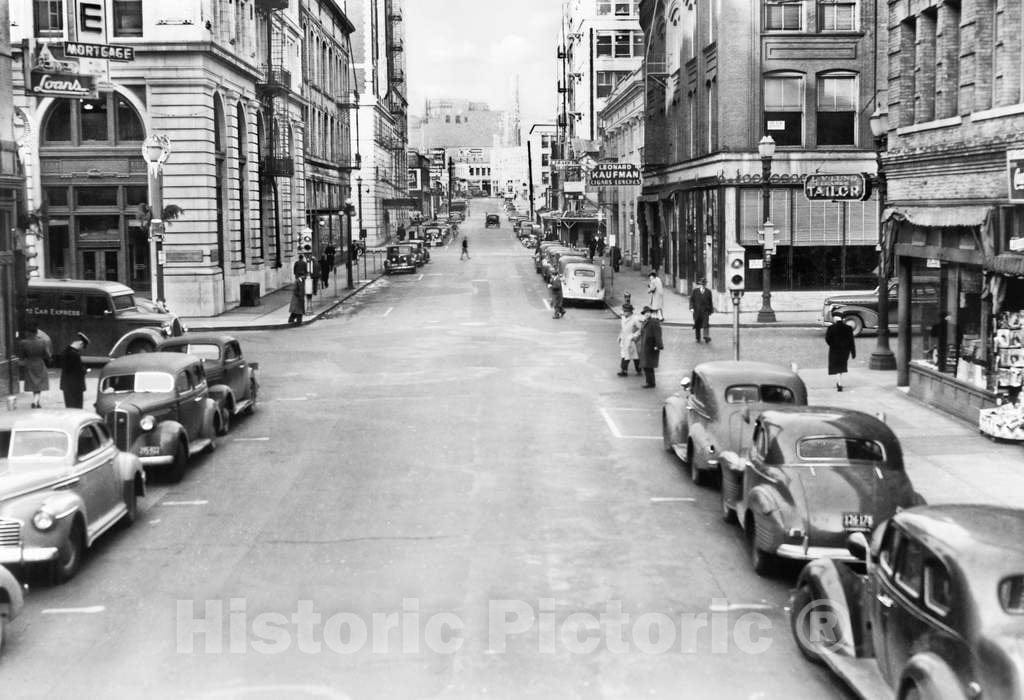 Historic Black & White Photo - Portland, Oregon - Downtown Oak Street, c1937 -