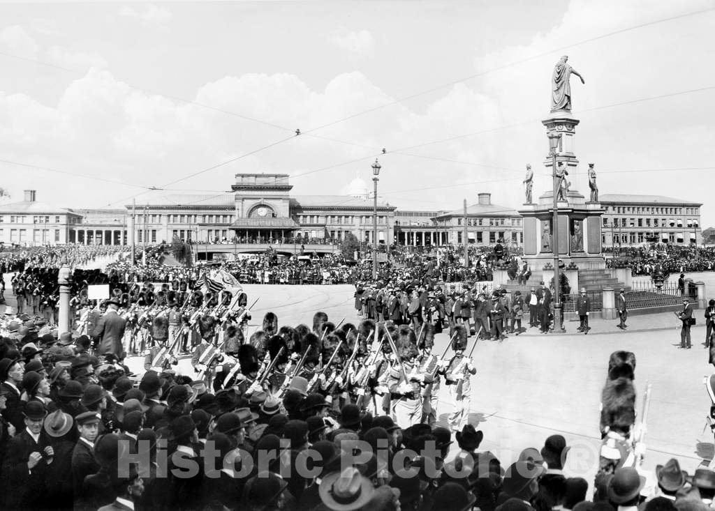 Historic Black & White Photo - Providence, Rhode Island - Artillery Parade at Exchange Place, c1903 -