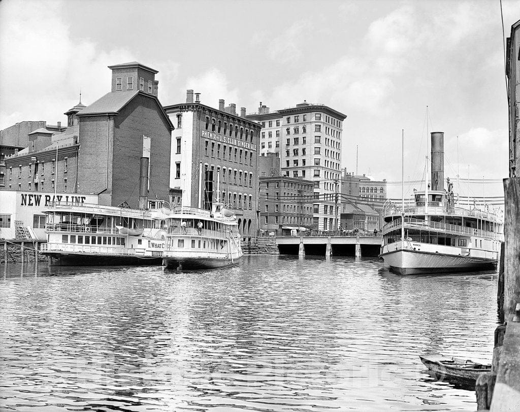 Providence Historic Black & White Photo, Steamers on the Providence River, c1906 -