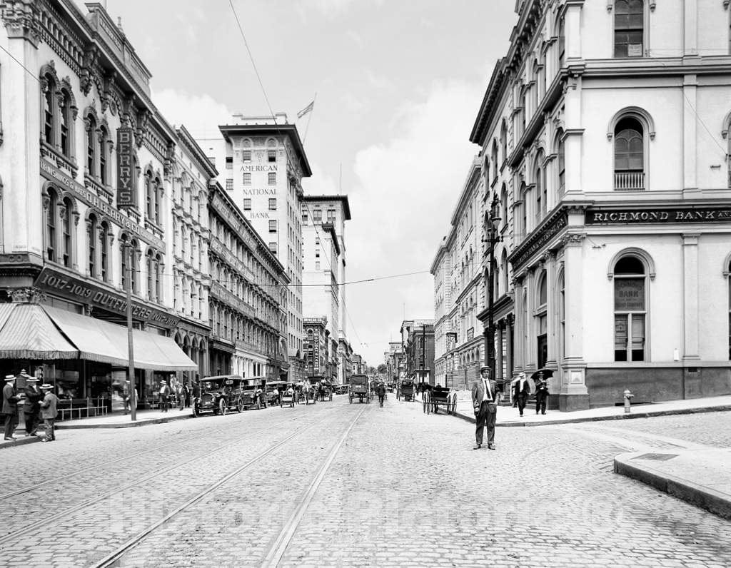 Historic Black & White Photo - Richmond, Virginia - Looking West on Main Street, c1915 -