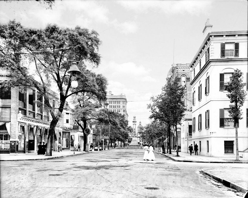 Savannah Historic Black & White Photo, Looking Down Bull Street to Wright Square, c1907 -