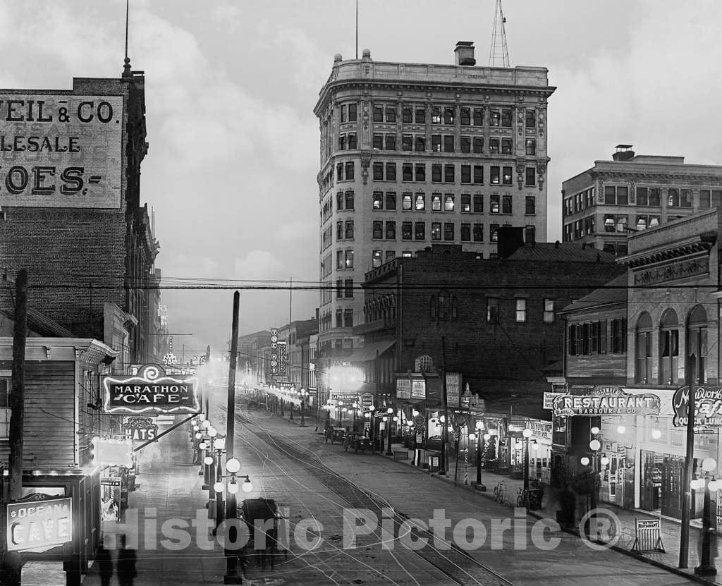 Historic Black & White Photo - Savannah, Georgia - An Illuminated Broughton Street, c1910 -