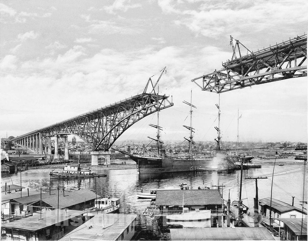 Seattle Historic Black & White Photo, Passing Under the Aurora Bridge During Construction, c1931 -