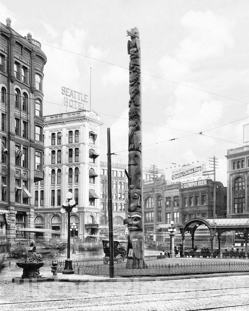 Historic Black & White Photo - Seattle, Washington - Totem Pole in Pioneer Square, c1905 -