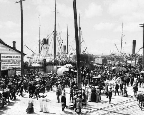 Historic Black & White Photo - Seattle, Washington - Crowds at the Steamship Docks, c1898 -