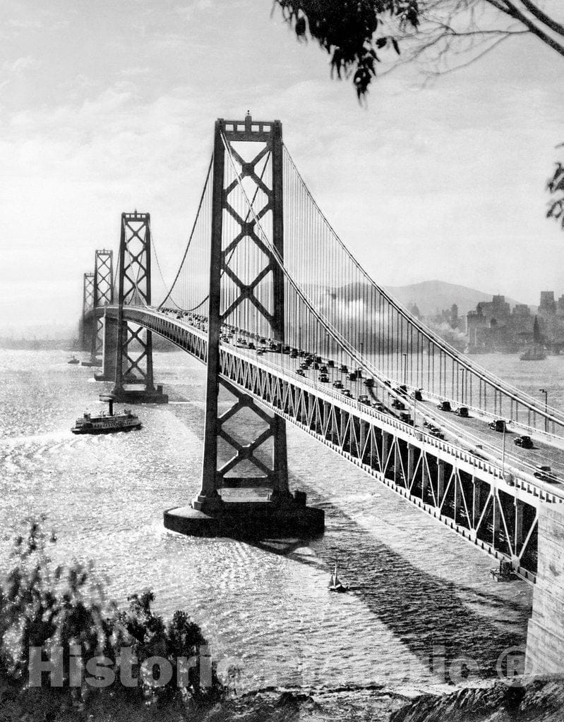 San Francisco Historic Black & White Photo, The Bay Bridge from Yerba Buena Island, c1936 -