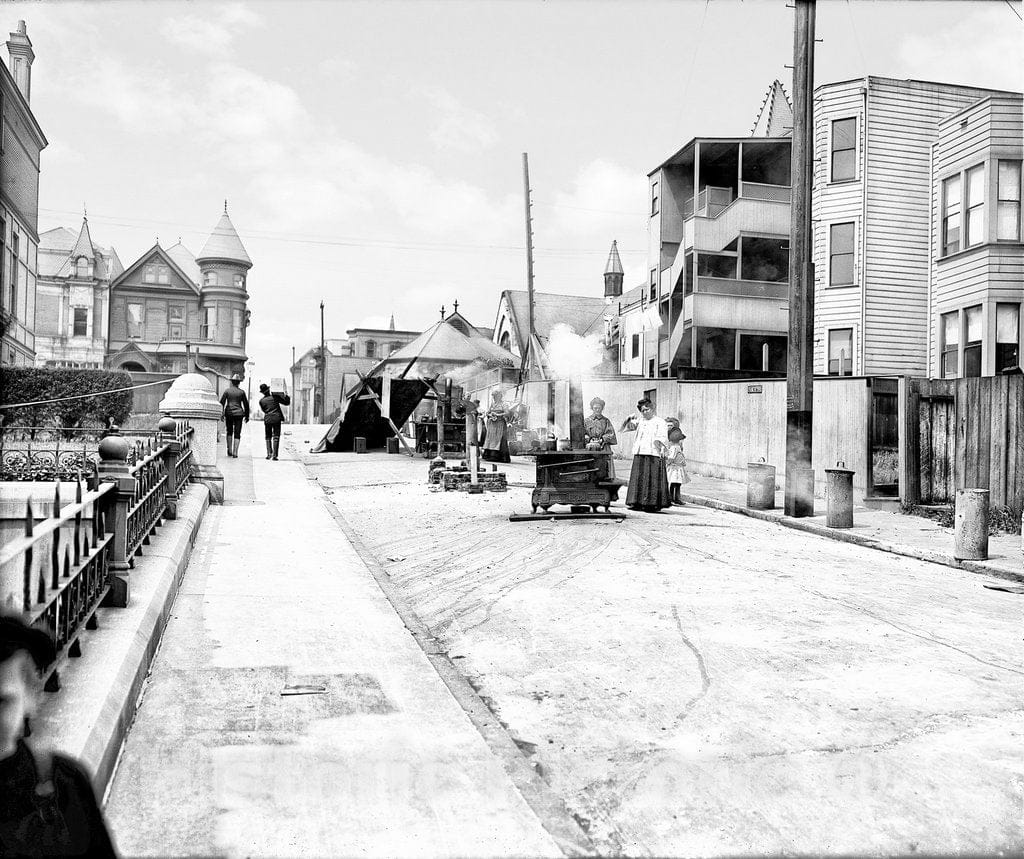 San Francisco Historic Black & White Photo, Cooking in the Streets, c1906 -