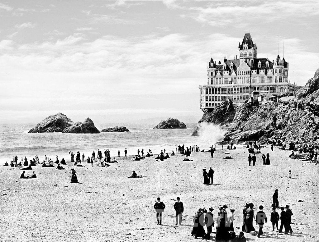 San Francisco Historic Black & White Photo, The Cliff House Overlooking Ocean Beach, c1902 -