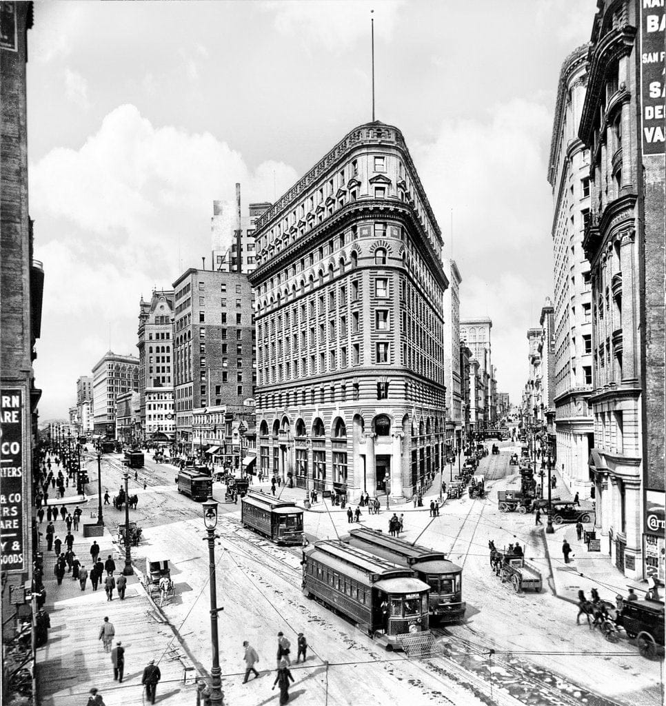 San Francisco Historic Black & White Photo, Streetcars on Market Street at the Crocker Building, c1912 -