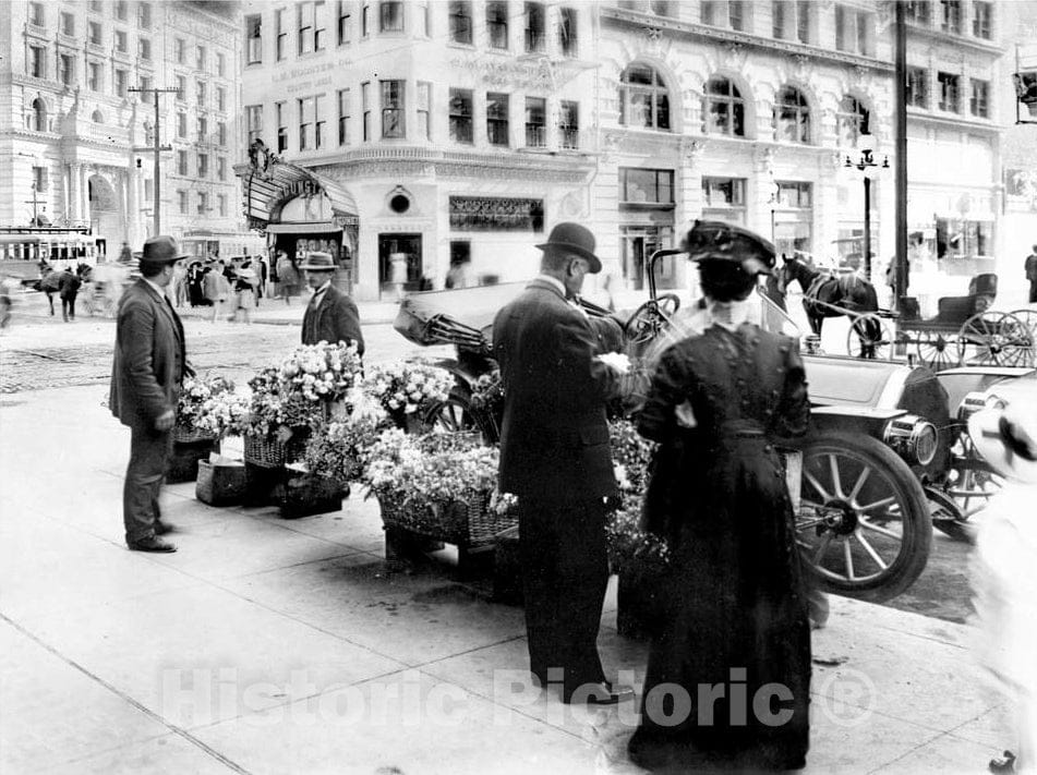 Historic Black & White Photo - San Francisco, California - Vending Flowers on Market Street, c1910 -