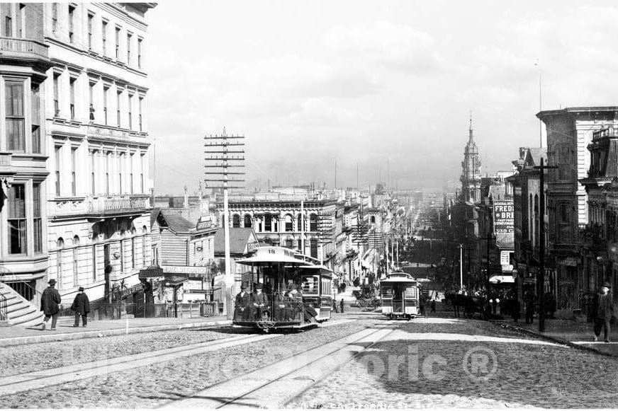 Historic Black & White Photo - San Francisco, California - Climbing California Street, c1901 -