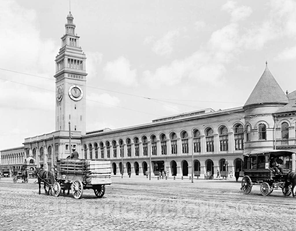 Historic Black & White Photo - San Francisco, California - Arriving at the the Ferry Building, c1905 -