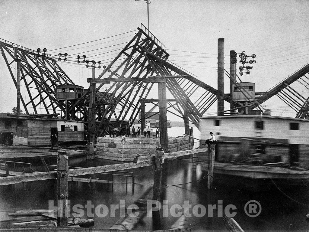 St. Louis Historic Black & White Photo, Sinking the east pier, Eads Bridge, c1870 -