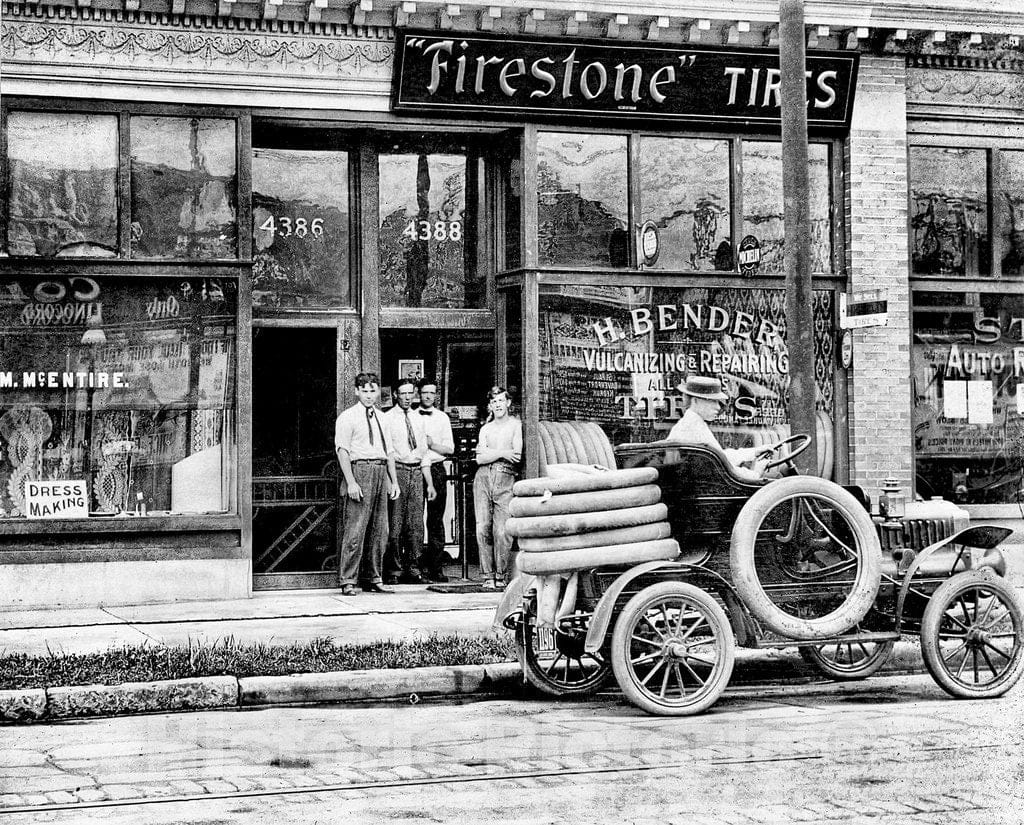 St. Louis Historic Black & White Photo, Repair Truck Outside a Firestone Tire Shop, c1906 -