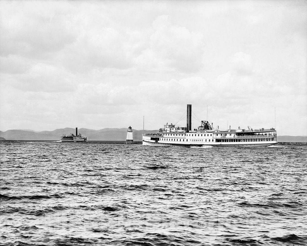 Vermont Historic Black & White Photo, Steamers at the Burlington Breakwater North Light, Lake Champlain, c1907 -