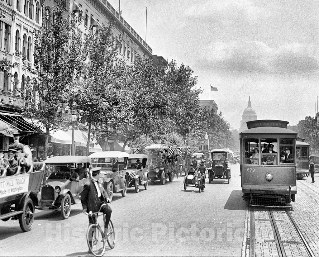 Washington D.C. Historic Black & White Photo, Truck Parade Down Pennsylvania Avenue, c1919 -