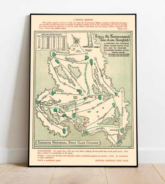 Historic Golf Course Map - Augusta National Golf Club Course, 1954 - Vintage Wall Art