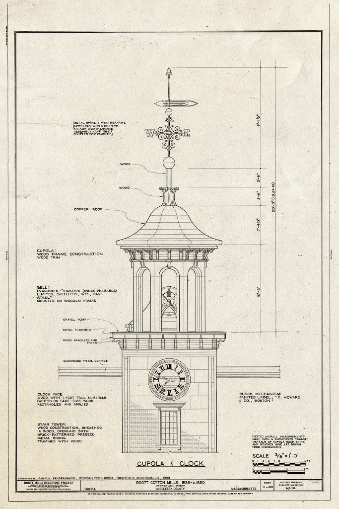 Blueprint Cupola & Clock - Boott Cotton Mills, John Street at Merrimack River, Lowell, Middlesex County, MA