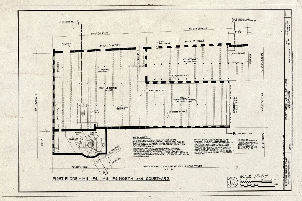 Blueprint First Floor - Mill #4, Mill #4 North and Courtyard - Boott Cotton Mills, John Street at Merrimack River, Lowell, Middlesex County, MA