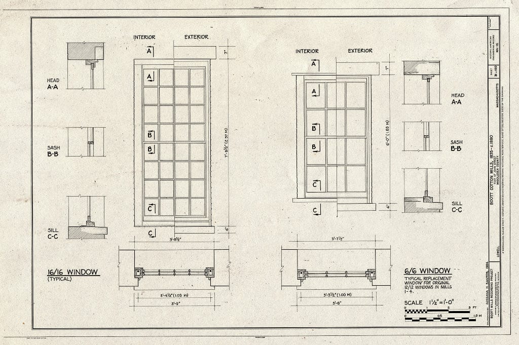 Blueprint 16/16 Window, 6/6 Window - Boott Cotton Mills, John Street at Merrimack River, Lowell, Middlesex County, MA