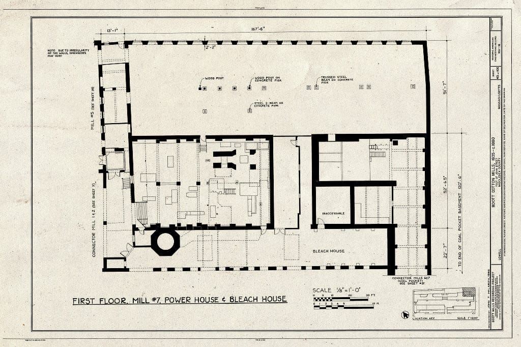 Blueprint First Floor, Mill #7, Power House & Bleach House - Boott Cotton Mills, John Street at Merrimack River, Lowell, Middlesex County, MA