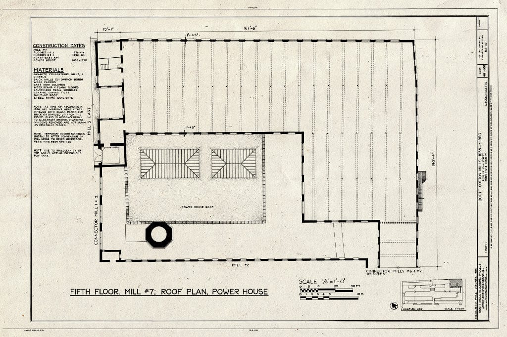 Blueprint Fifth Floor, Mill #7, Roof Plan, Power House - Boott Cotton Mills, John Street at Merrimack River, Lowell, Middlesex County, MA