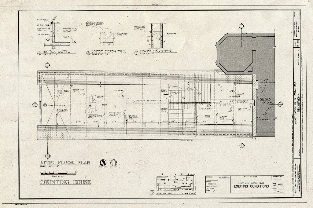 Blueprint Counting House, Attic Floor Plan, Existing Conditions - Boott Cotton Mills, John Street at Merrimack River, Lowell, Middlesex County, MA