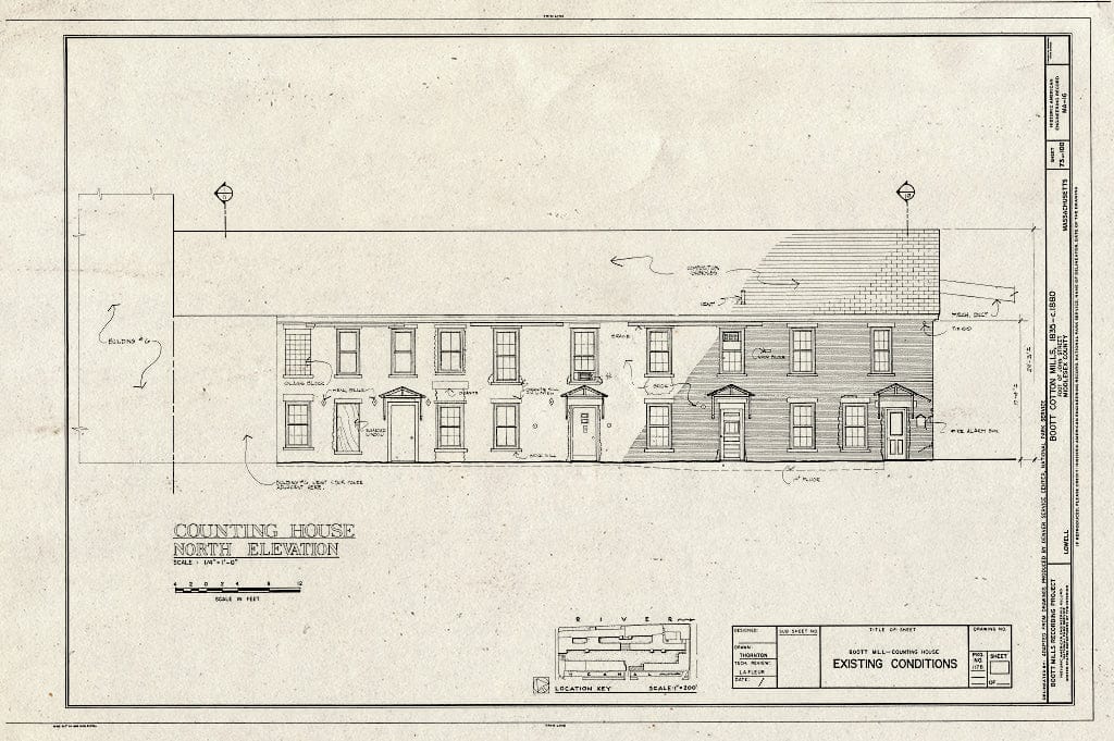 Blueprint Counting House, North Elevation, Existing Conditions - Boott Cotton Mills, John Street at Merrimack River, Lowell, Middlesex County, MA