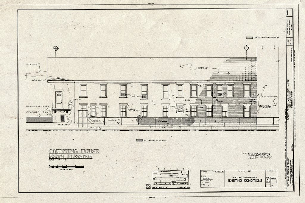 Blueprint Counting House, South Elevation, Existing Conditions - Boott Cotton Mills, John Street at Merrimack River, Lowell, Middlesex County, MA