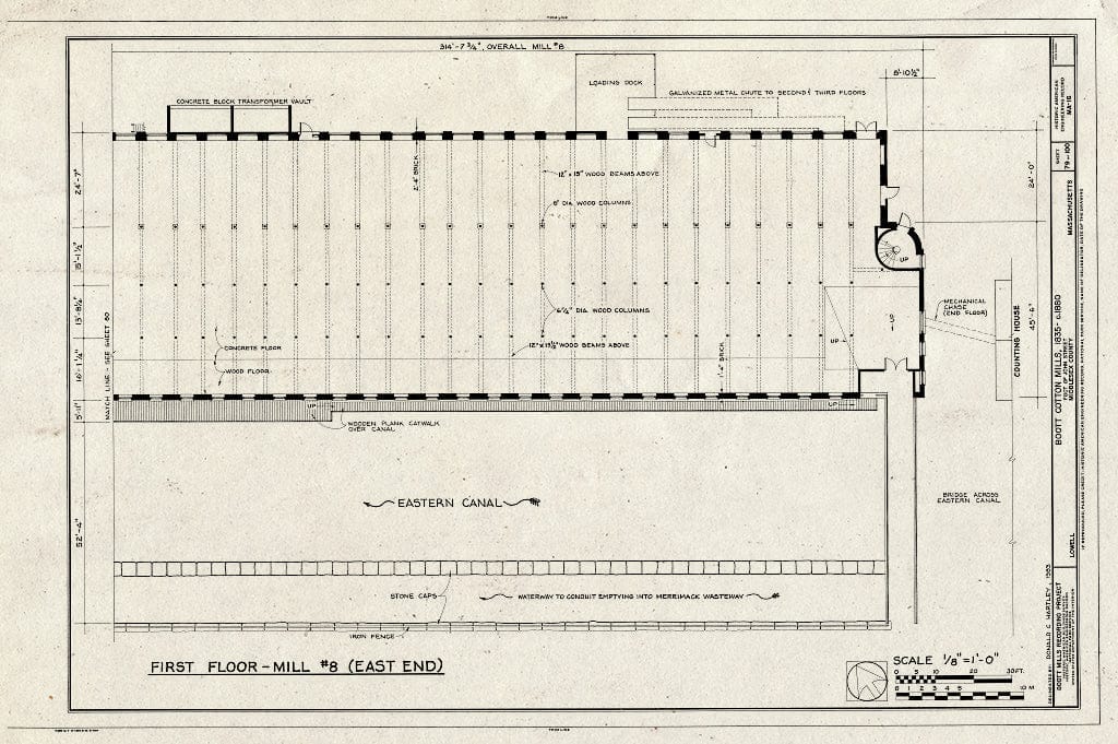 Blueprint First Floor - Mill #8 (East End) - Boott Cotton Mills, John Street at Merrimack River, Lowell, Middlesex County, MA