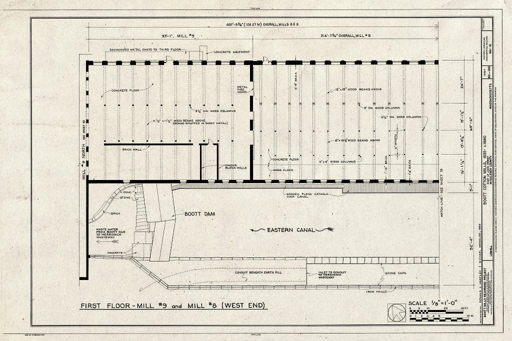 Blueprint First Floor- Mill #9 and Mill #8 (West End) - Boott Cotton Mills, John Street at Merrimack River, Lowell, Middlesex County, MA