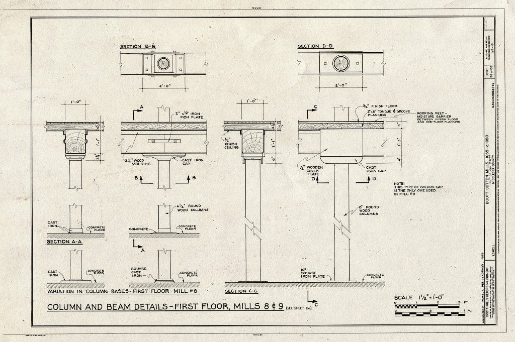 Blueprint Column and Beam Details - First Floor, Mills 8 & 9 - Boott Cotton Mills, John Street at Merrimack River, Lowell, Middlesex County, MA