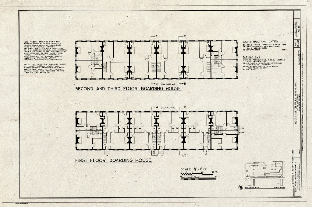 Blueprint First, Second and Third Floor, Boarding House - Boott Cotton Mills, John Street at Merrimack River, Lowell, Middlesex County, MA