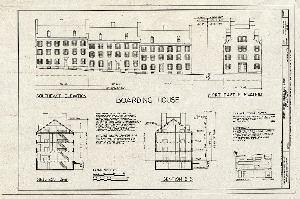 Blueprint Boarding House - Southeast Elevation, Southwest Elevation, Section AA, Section BB - Boott Cotton Mills, John Street at Merrimack River, Lowell, Middlesex County, MA