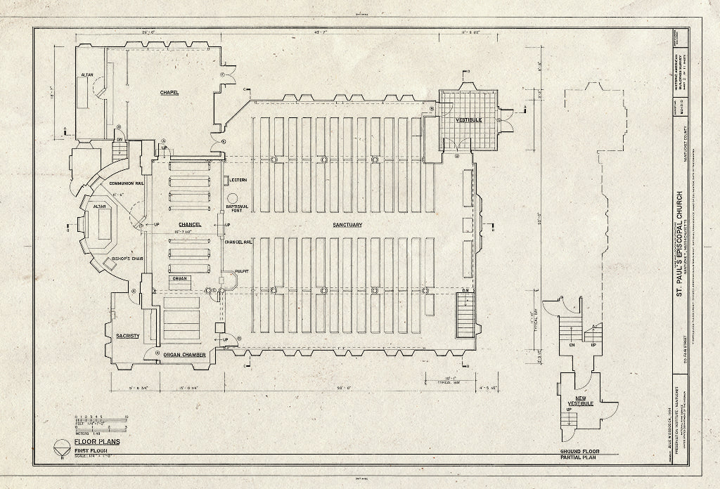 Blueprint First Floor Plan, Ground Floor Partial Plan - St. Paul's Episcopal Church, 11 Fair Street, Nantucket, Nantucket County, MA