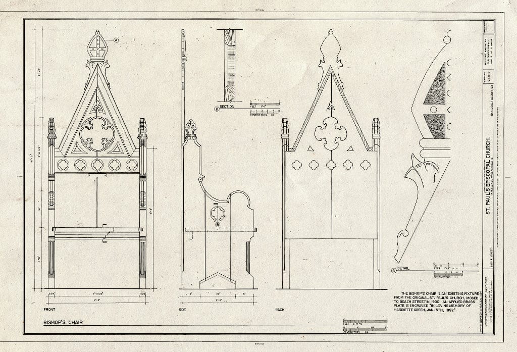 Blueprint Bishop's Chair: Front, Side, Back, Section, Detail - St. Paul's Episcopal Church, 11 Fair Street, Nantucket, Nantucket County, MA