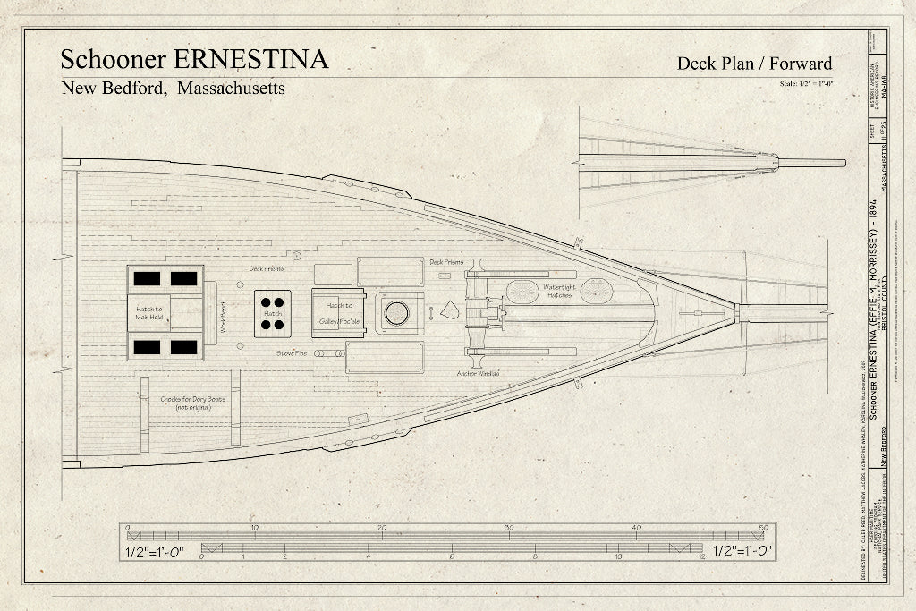 Blueprint Deck Plan - Forward - Schooner Ernestina, New Bedford Whaling National Historical Park State Pier, New Bedford, Bristol County, MA