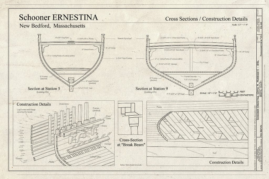 Blueprint Cross Sections/Construction Details - Schooner Ernestina, New Bedford Whaling National Historical Park State Pier, New Bedford, Bristol County, MA