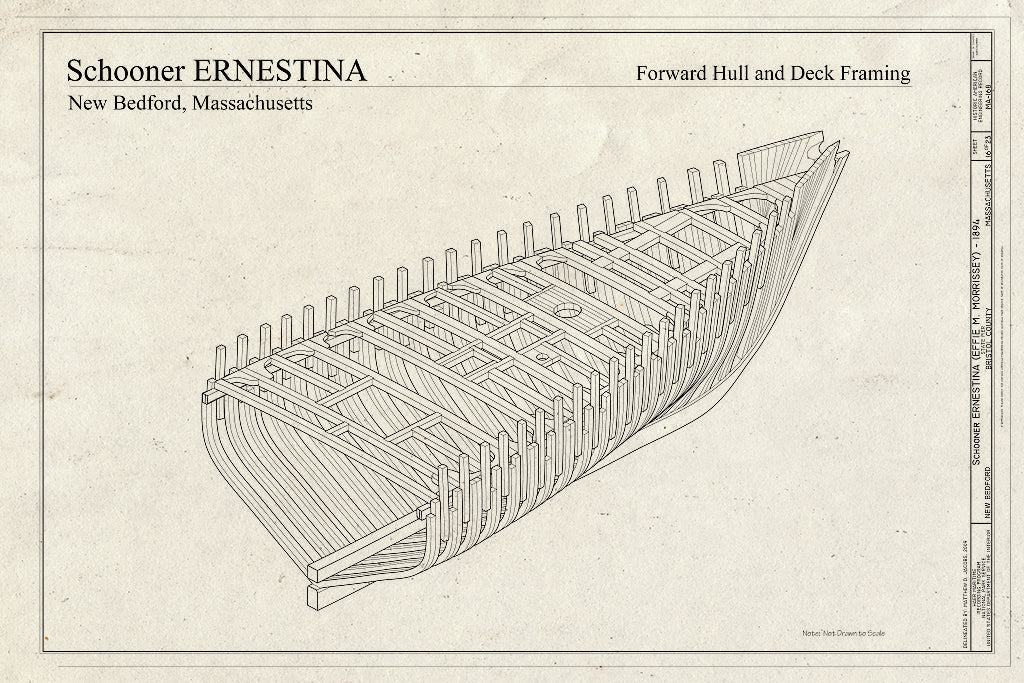 Blueprint Forward Hull and Deck Framing - Schooner Ernestina, New Bedford Whaling National Historical Park State Pier, New Bedford, Bristol County, MA