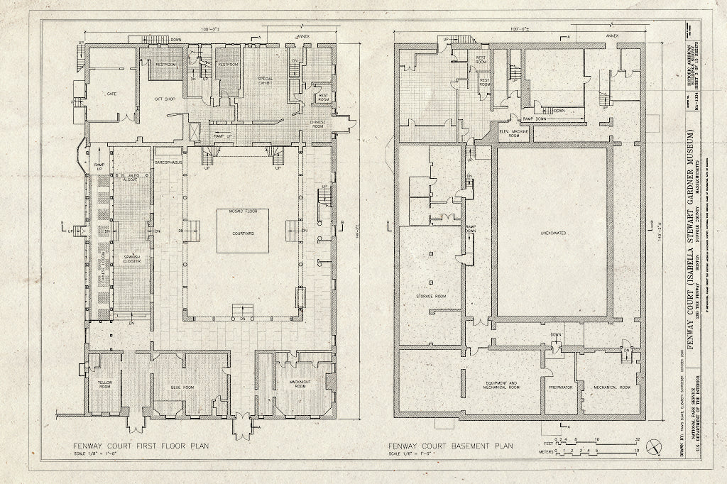 Blueprint First Floor & Basement Plans - Fenway Court, 280 The Fenway, Boston, Suffolk County, MA