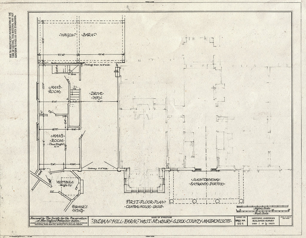 Blueprint First Floor Plan - Central House Group & Farmer's Wing - Indian Hill Farm, Indian Hill Street, West Newbury, Essex County, MA