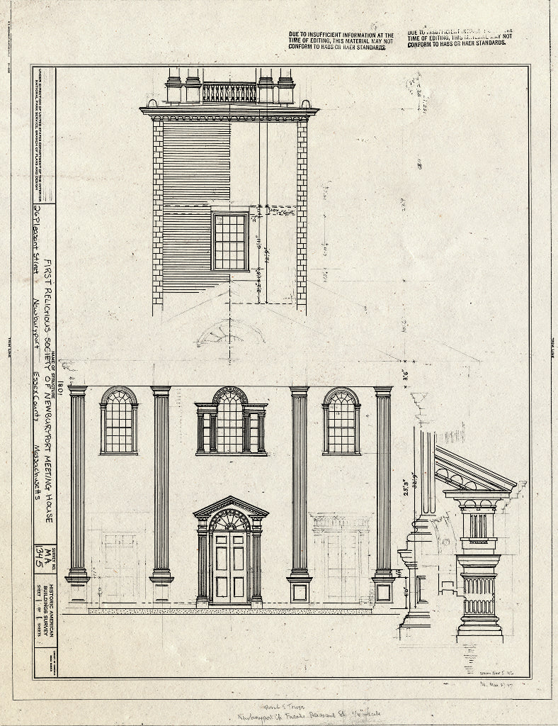 Blueprint Elevation - First Religious Society of Newburyport Meeting House, 26 Pleasant Street, Newburyport, Essex County, MA