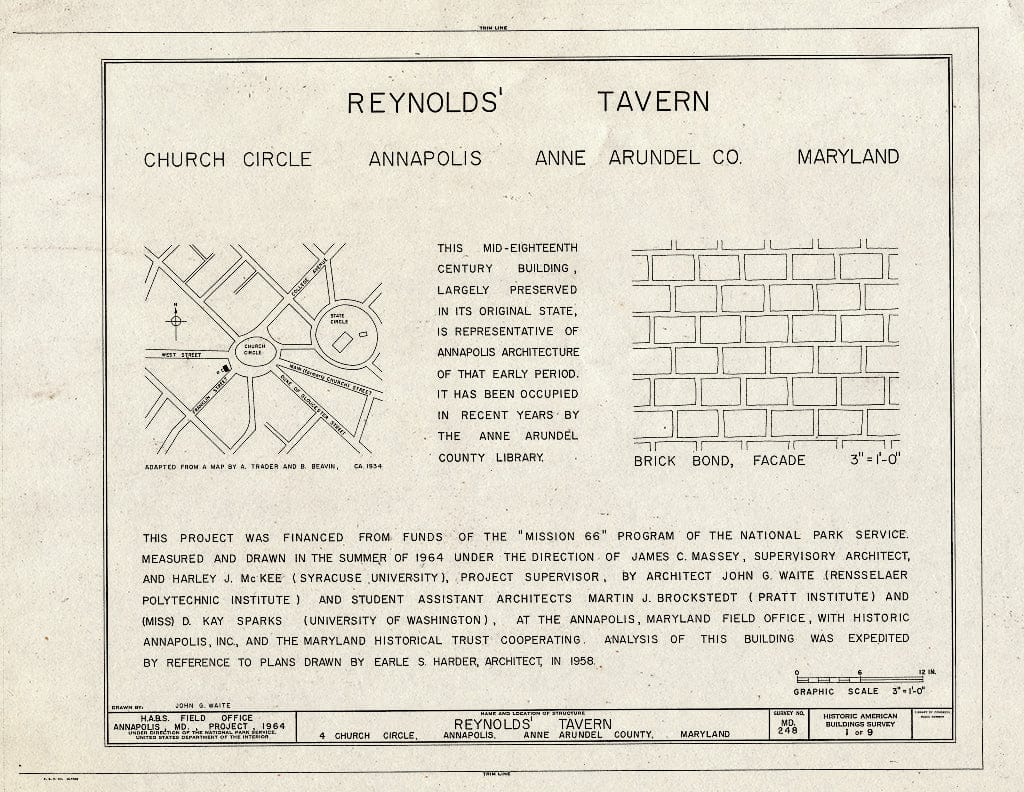 Blueprint Cover Sheet - Reynold's Tavern, 4 Church Circle at Franklin Street, Annapolis, Anne Arundel County, MD