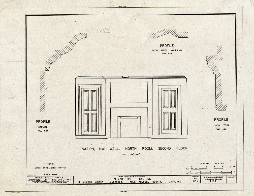 Blueprint Elevation, Northwest Wall, North Room, Second Floor - Reynold's Tavern, 4 Church Circle at Franklin Street, Annapolis, Anne Arundel County, MD