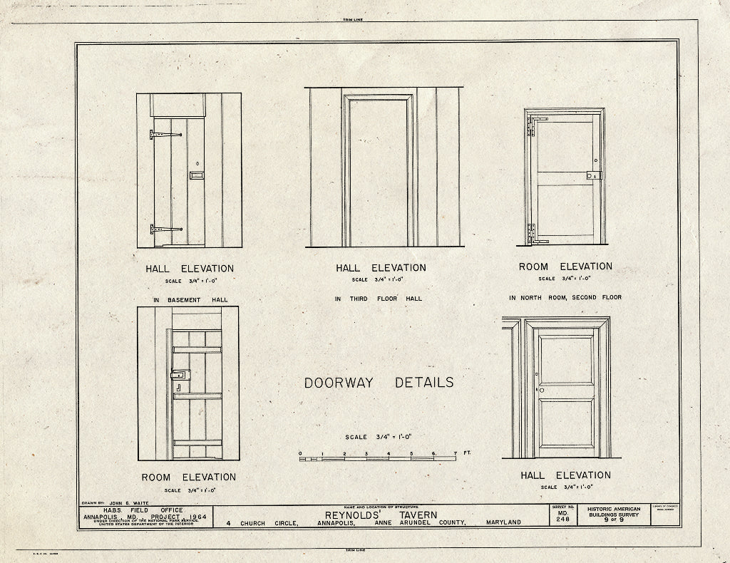 Blueprint Doorway Details - Reynold's Tavern, 4 Church Circle at Franklin Street, Annapolis, Anne Arundel County, MD