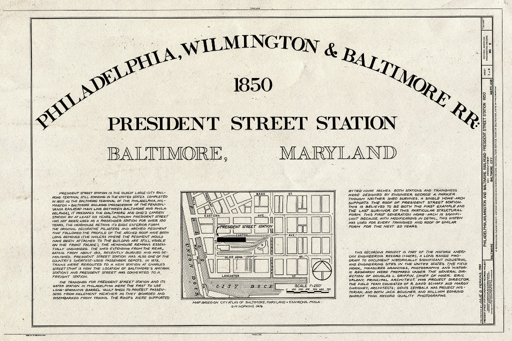 Blueprint 1. Title Sheet - Philadelphia, Wilmington & Baltimore Railroad, President Street Station, President & Fleet Streets, Baltimore, Independent City, MD