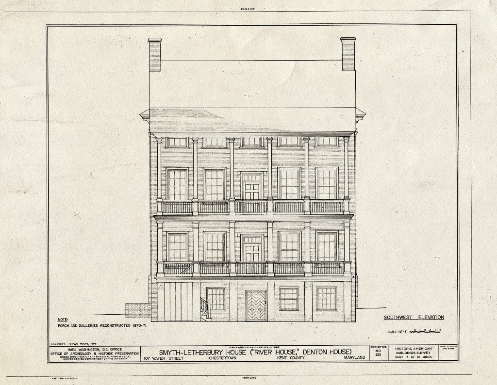 Blueprint 7. Southwest Elevation - Smyth-Letherbury House, 107 Water Street, Chestertown, Kent County, MD